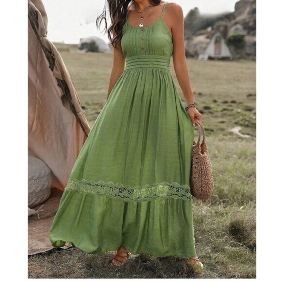 Boho Shirred Ruffle Lace Hem Maxi Dress Green. - Picture 1 of 8